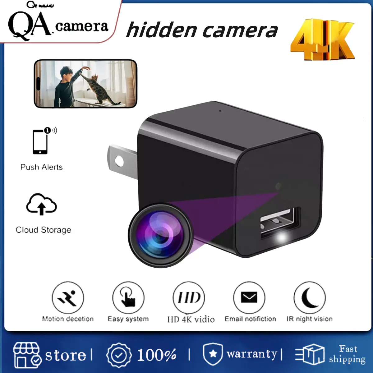 Kamera Tersembunyi, Kepala Boleh Dicas Semula, Resolusi 4K HD, Kamera Mini, WiFi Tanpa Wayar, Kamera Keselamatan Pintar, Boleh Digunakan dengan Telefon Bimbit, Kad SD, Storan Ultra Besar Cctv Camera