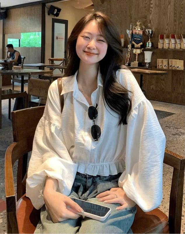  Áo Sơ Mi A15 Dáng Croptop Tay Dài Bồng Chun Dưới Trẻ Trung Style Thu Đông_Lazy Có Bigsize 