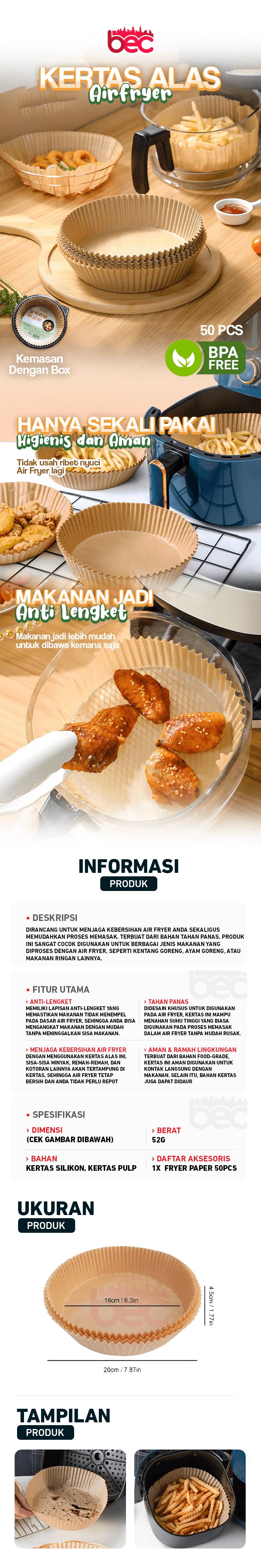 Product Introduction of [BEC] Air Fryer Paper Anti Lengket / Kertas Alas Air Fryer / Baking Paper Tahan Minyak Sekali Pakai / Kertas Air Fryer 50 Pcs 0