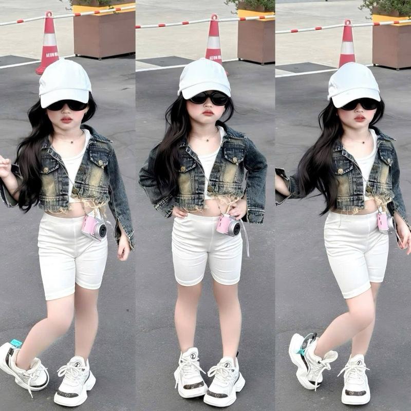 Áo khoác bò jena tay dài dáng croptop có phối tua rua bé gái xinh 8-30kg