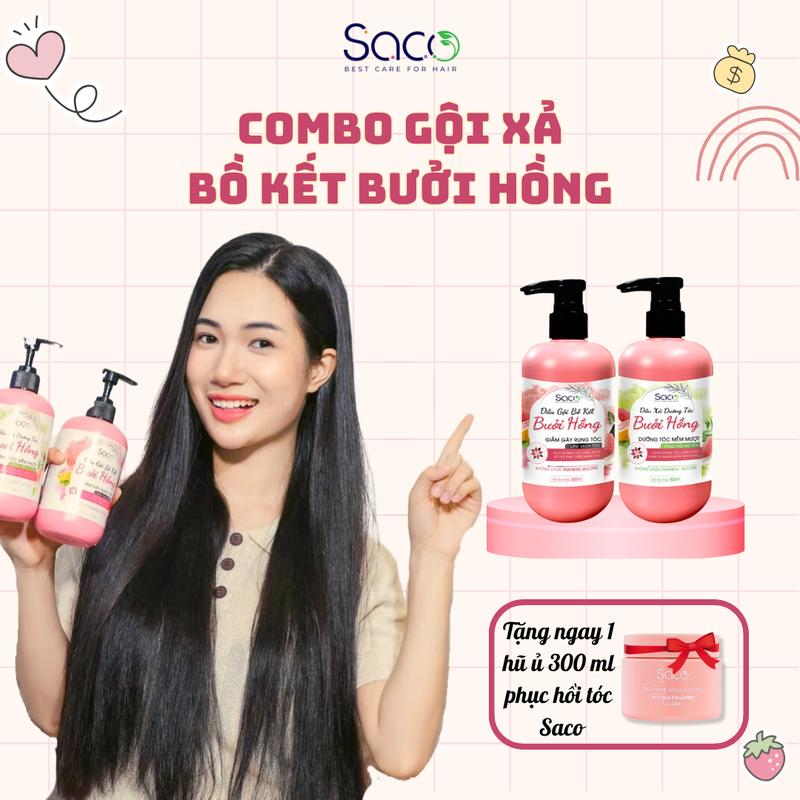 Combo dầu gội, dầu xả bồ kết bưởi hồng SACO 500ml [ Tặng kèm mặt nạ ủ tóc 300ml]