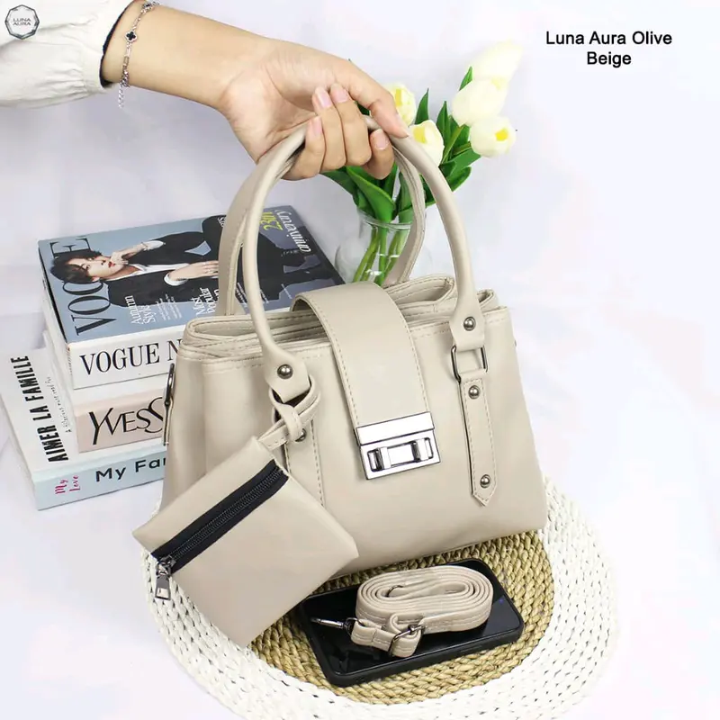 Tas Selempang Jinjing Wanita Olive 3 Ruang Polos Free Dompet Koin Luna Aura 3