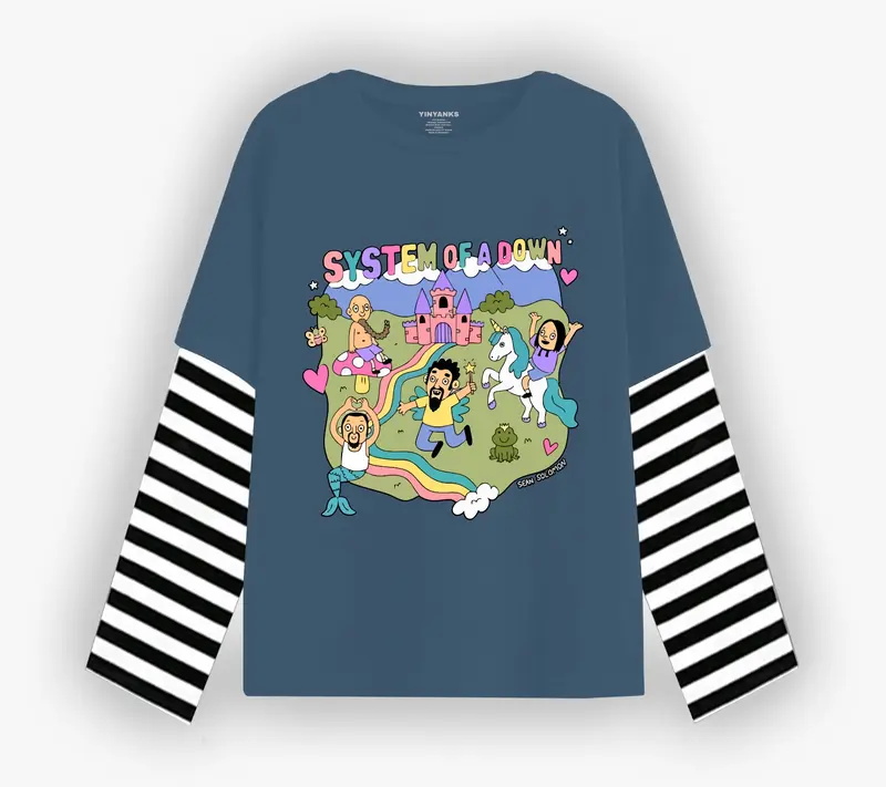 Yinyanks TrdMrk T-shirt Double layer salur System of a down carton long sleeve kaos pria wanita Katun Keren Nyaman Panjang 0