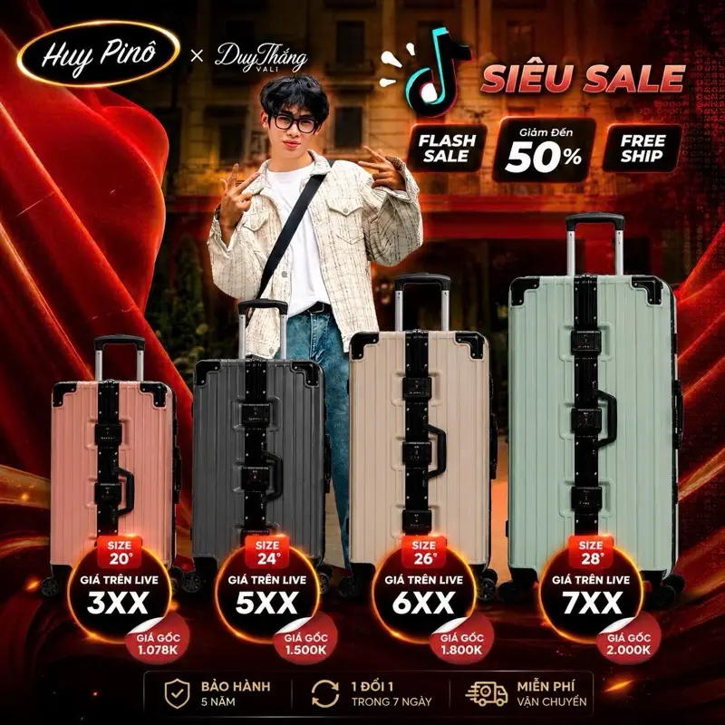 Huy pinô - Vali Duy Thăng Size 24/26/28/30 3 khoá Bảo Hành 5 Năm (Tặng túi đựng giày)