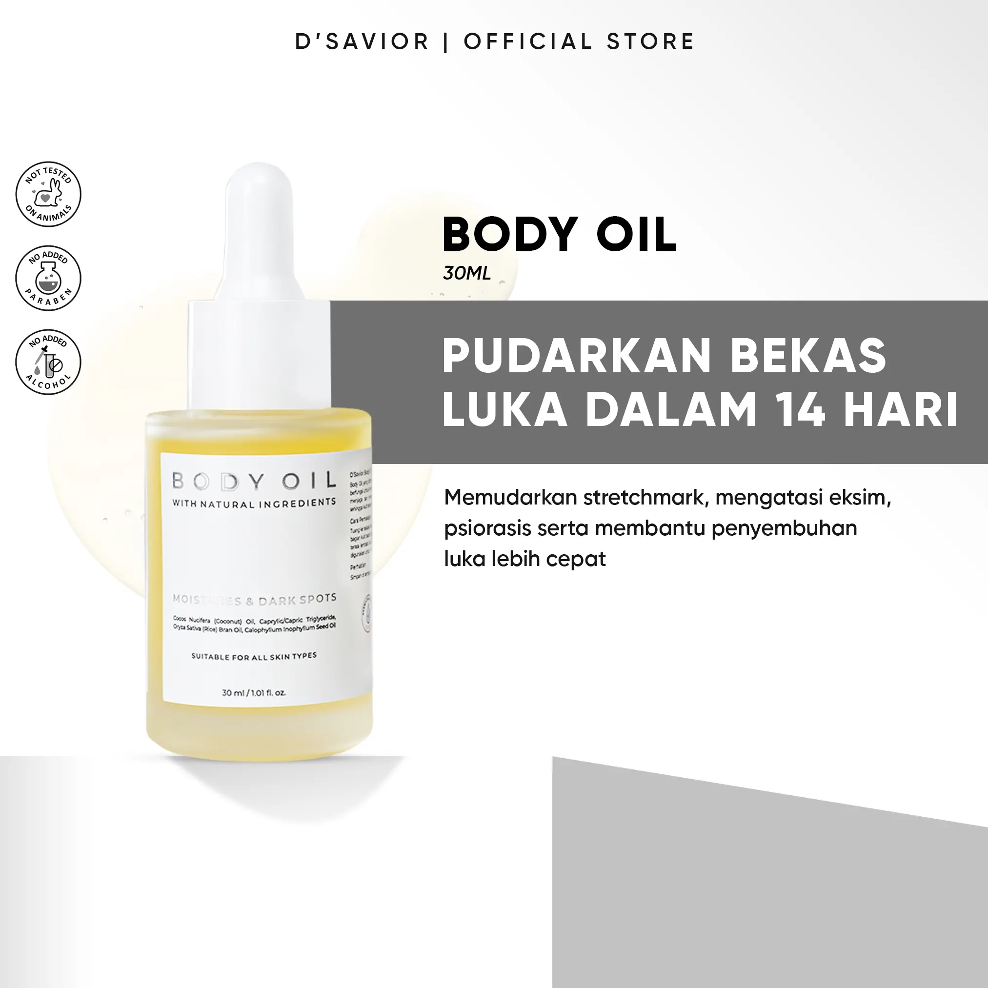 D’SAVIOR Body Oil 30ml | Penghilang Bekas Luka, Eksim, Psioriasis, Stretchmark dan Gatal Alergi