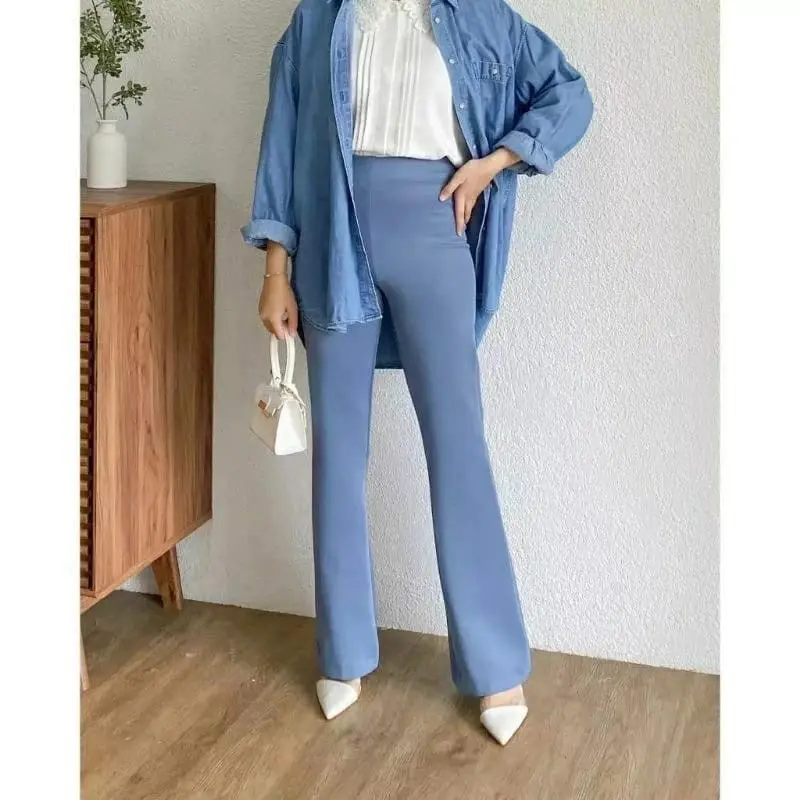 Flare Pants Highwaist Celana Wanita Semi Cutbray Kaki Karet Panjang Scuba 6