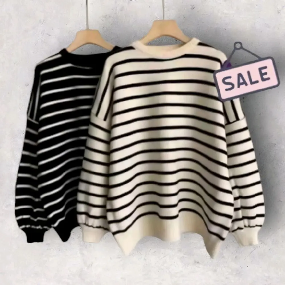 BAYONETA SWEATER Balon Knit Strip 2 Warna | Atasan Wanita Oversize Rajut Halus | Sweeter Rajut Tangan Balon | Sweeter Terbaru | Rajutan Tangan Balon | Rajut Tangan Balon  |  Baju Wanita Kekinian  |  Baju Viral  |  Baju Masakini