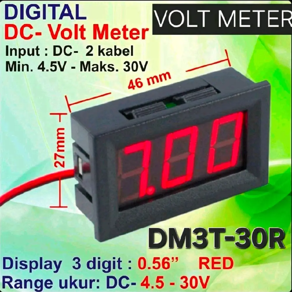 DIGITAL VOLT METER DC / Digital DC Volt Meter 3 Digit 0.56" Merah Rentang 4.5-30V Ukuran 46mm x 27mm PENUNJUK TEGANGAN DC ACCU ADAPTOR POWER SUPPLY INDIKATOR TEGANGAN VOLT DC