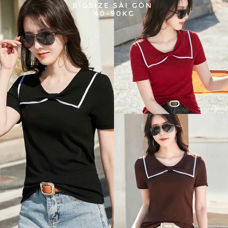  Áo Thun Nữ Tay Ngắn Phối Cổ Vuông Viền Trắng Vải Thun RuBy Mềm Mịn Dày Dặn Cao Cấp Thanh Lịch Bigsize 45–90kg Béo Xinh Shop - A.1659 