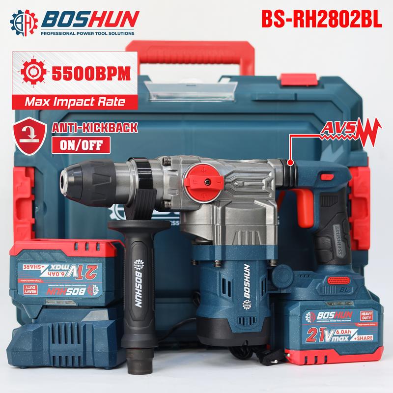 [Có Giảm Rung AVS] Máy Khoan Đục Bê Tông 3 Chức Năng Dùng Pin 21V Boshun - BS-RH2802BL - Có Anti-kickback - Chân Pin Phổ thông 2 Pin 21V/6Ah - Động Cơ Từ Lõi Đồng - Bảo Hành Chính Hãng 6 Tháng