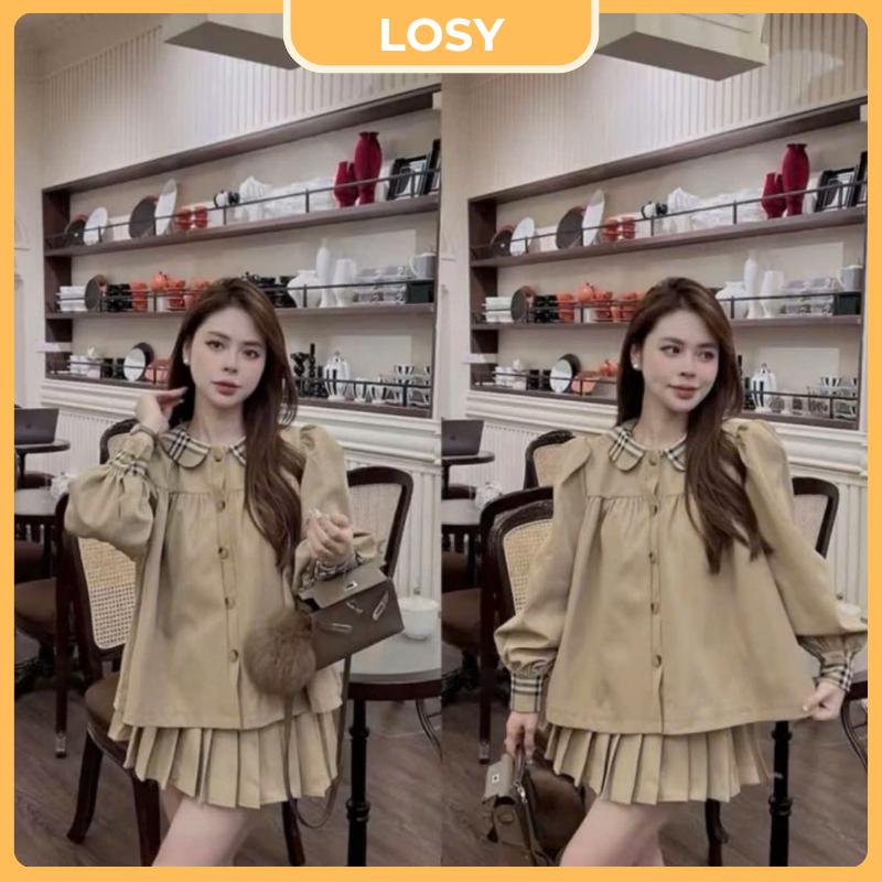  Sét Áo Babydoll Cổ Sen 2 Lớp Mix Chân Váy Xoè Xếp Li Tiểu Thư Sang Chảnh Losy 