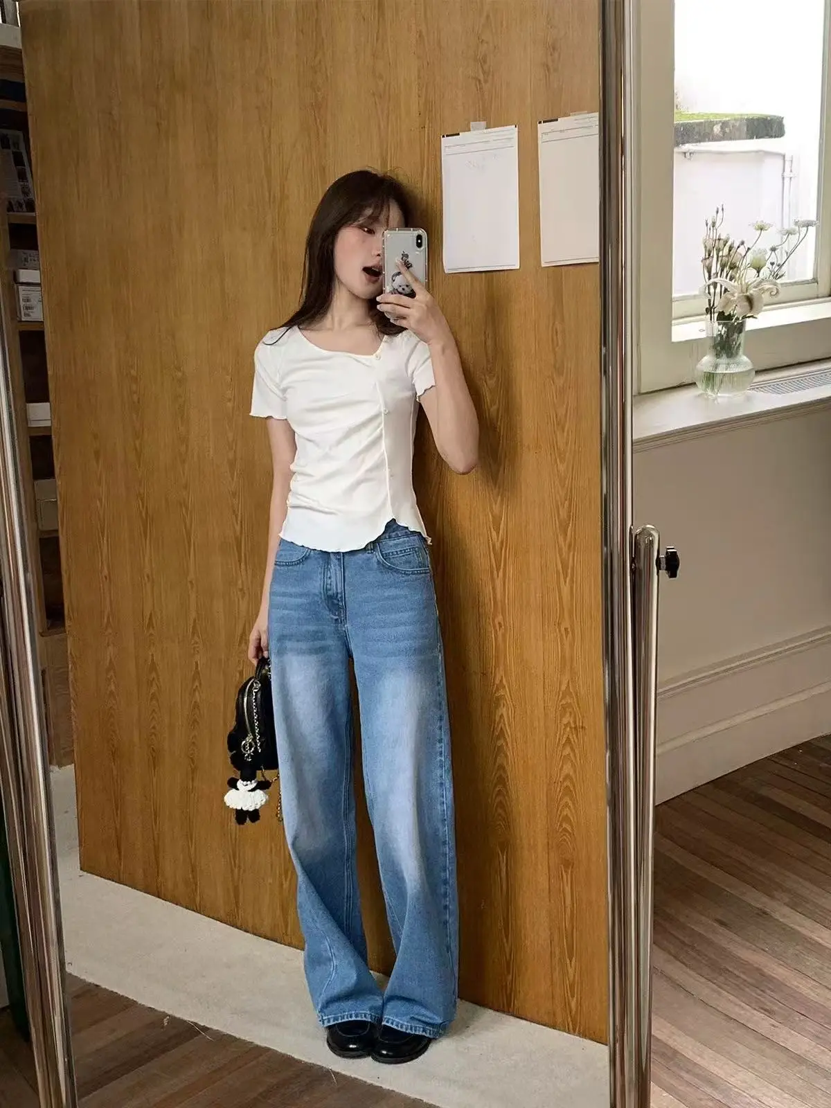 ZX American high street straight jeans women's high waist wide leg