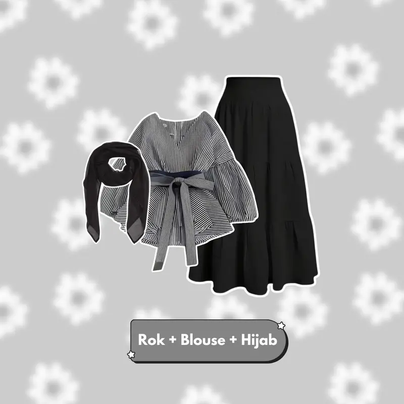 Set 3in1 OOTD Outfit Remaja Kekinian (Korean Blouse Salur Hitam, Hijab Bella Square Hitam, Rok Susun Hitam) - BS125 Cantik 1