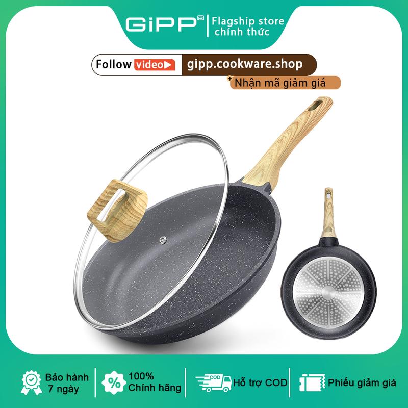 GiPP Chảo Chiên Chống Dính Ceramic 20 24 28cm Tay Cầm Gỗ Chống Nóng An Toàn Thực Phẩm Không PFOA & Chất Hóa Học Hại Thích Hợp Cho Bếp Từ