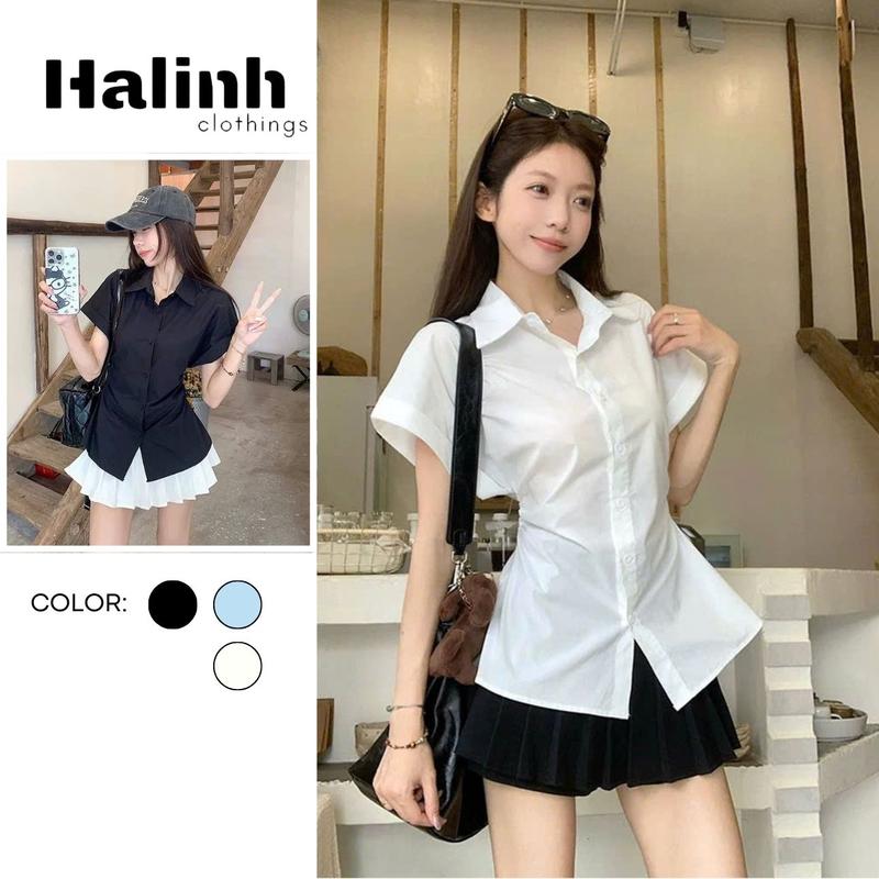 Áo sơ mi nữ cộc tay rúm eo tay ngắn basic chất vải cotton mát mặc đi học đi chơi by Halinh M296