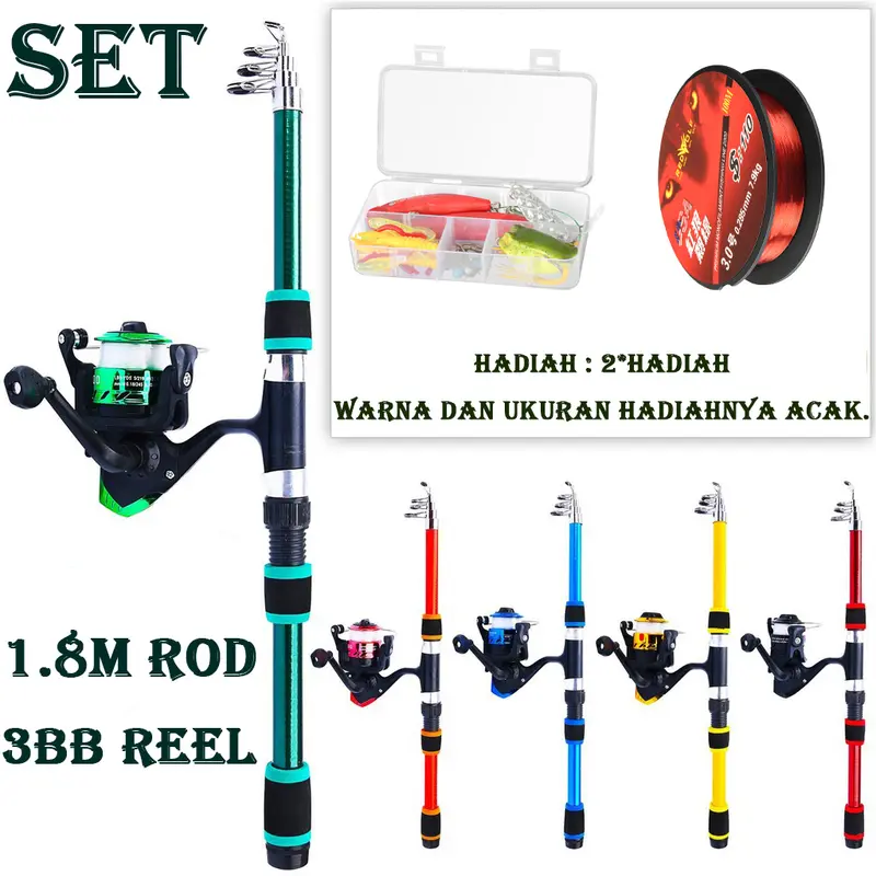 Joran Pancing Set 1.8M 6 Bagian Spinning Fishing Rod Reel Set Fiber Glass Telescopic untuk Air Tawar Anak-anak Fishing Pancingan Set Lengkap 0