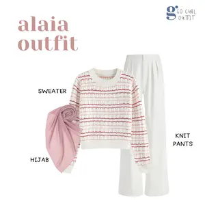 One Set Korean Style (Sweater Warna-Warni, Knit Pants, Hijab) Setelan OOTD Wanita Kekinian - GGO15
