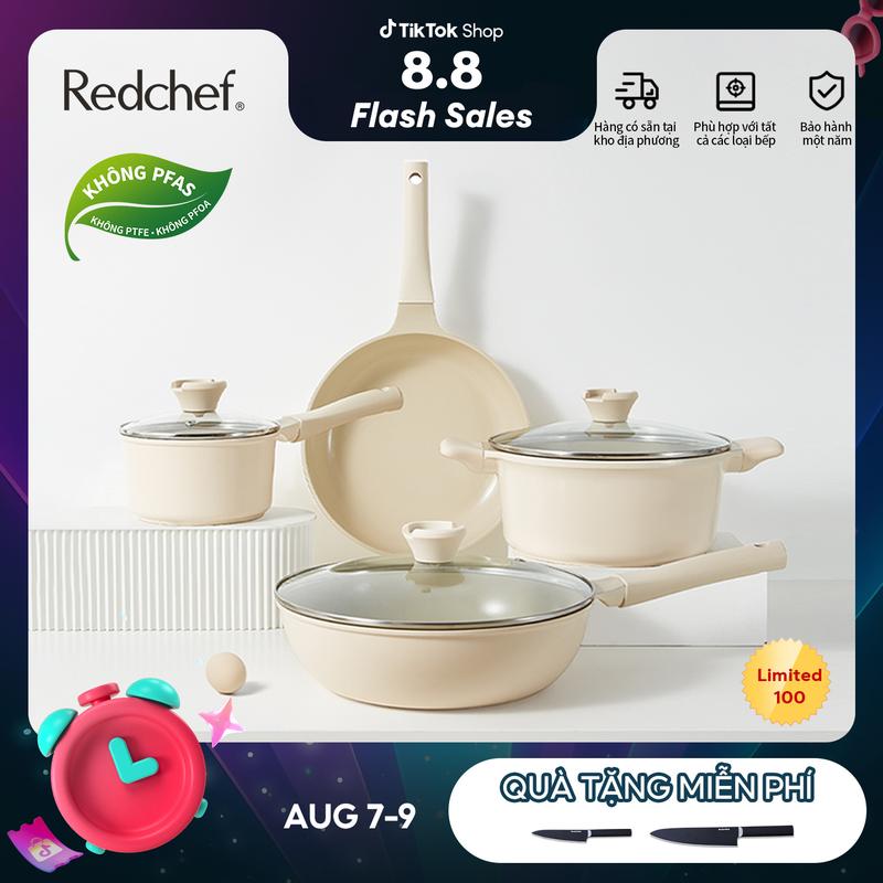Redchef Bộ 7 món nồi chảo chống dính  không chứa PFAS PTFE & PFOA phù hợp với mọi loại bếp nồi canh rùa