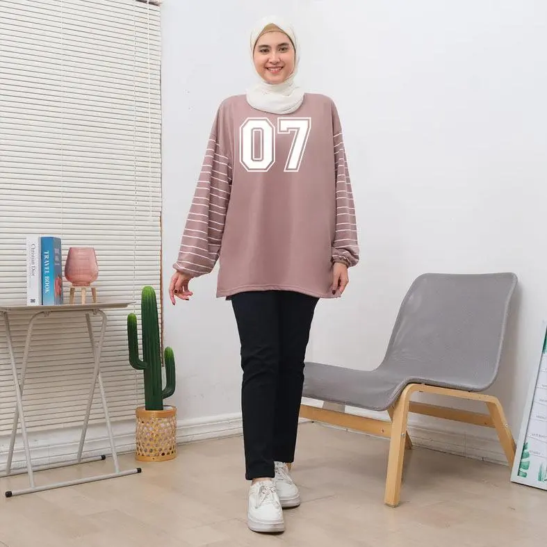 Baju Kaos Wanita Oversize Lengan Karet Salur Motif Angka 07 Print Babyterry - Panjang, Atasan 1