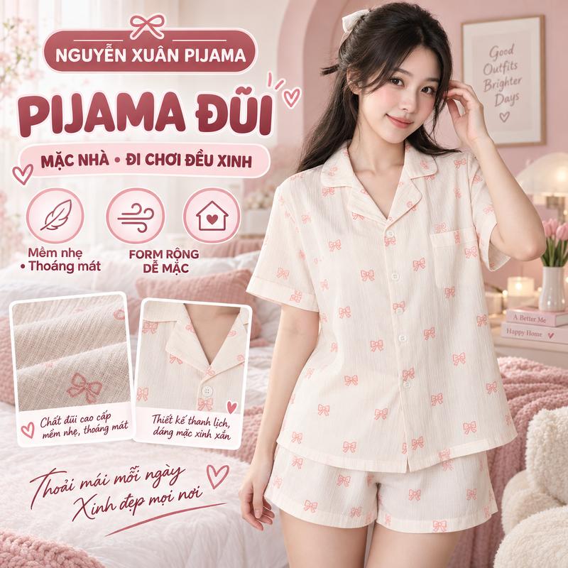 Đồ Ngủ Pijama Nữ Chất Đũi Mây Họa Tiết Nơ Hồng Mặc Nhà Cao Cấp Hot Trend