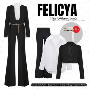 [Hijab Frendly] Old money Style | Black & White Combo Aesthetic | Set Blazer +Kemeja Basic + Celana Cutbray + Free Belt | Chiky046 baju  kpop  style  korea setelan  cutbray  scuba  premium