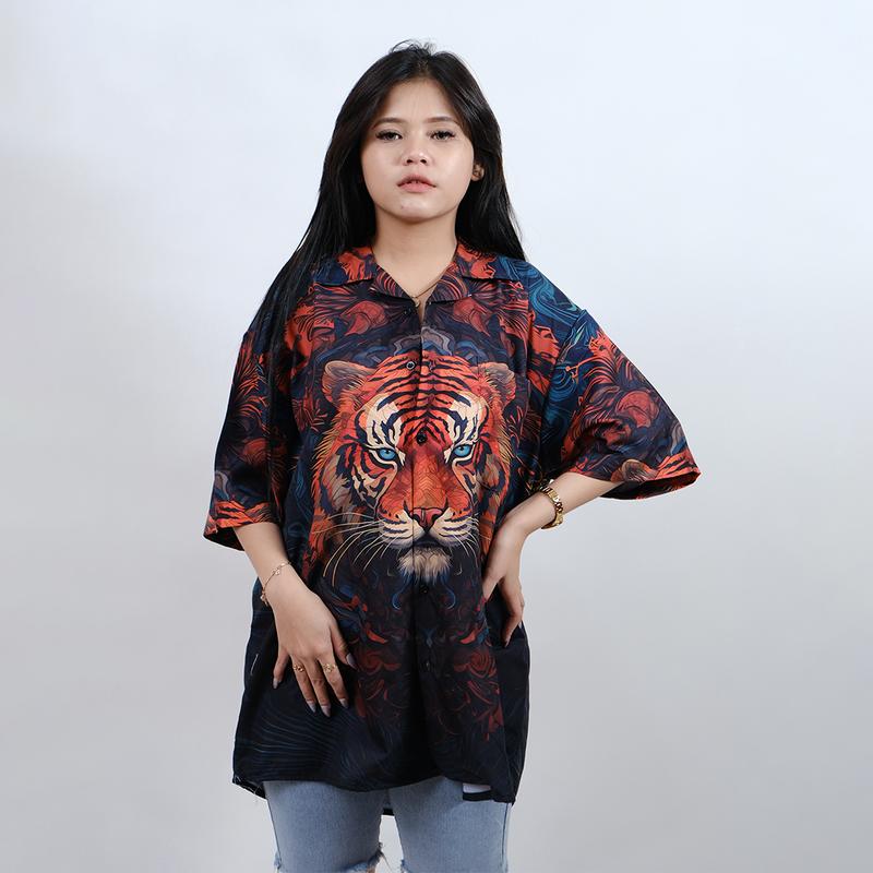 Baju KEMEJA KEKINIAN PRIA WANITA DOWEAR MOTIF HARIMAU HIJAU 251 Printing 1