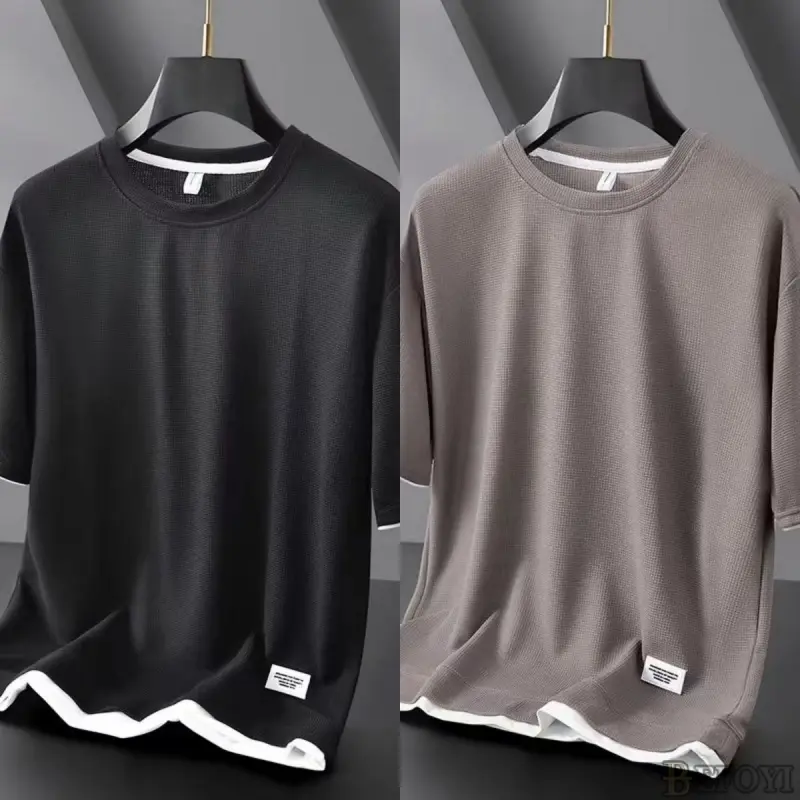 Men's T-shirt waffle short sleeve Korean fake two piece Ice Silk quick drying breathable loose fashion thin round neck tops dtt27