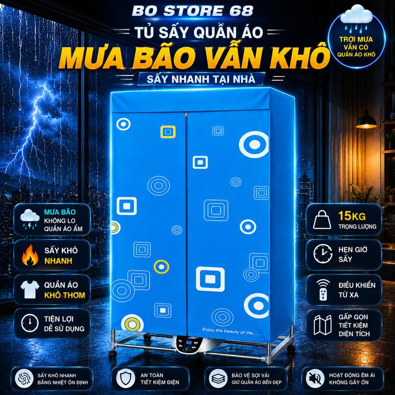 Tủ Sấy Quần Áo Có Điều Khiển Từ Xa Thông Minh, Khô Nhanh - Tiết Kiệm Điện, Sấy Quần Áo Tại Nhà, Diệt Khuẩn Chống Ẩm Mốc Công Suất 1500w