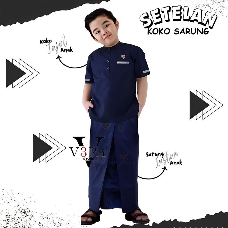 Setelan Koko Sarung Instan Anak Laki-Laki Usia 3-12 Tahun - set Baju Muslim Anak Pendek 3