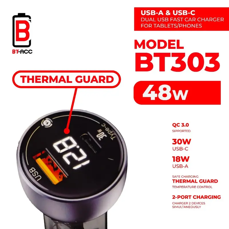 BT-ACC ADP Kepala Charger Mobil 48W Dual USB (USB-A dan USB-C) Fast Charging - BT303