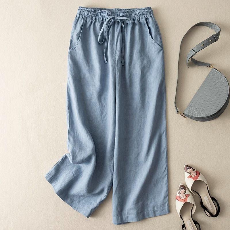 Quần nữ cotton và lanh quần cắt mỏng thoáng khí mới mùa hè quần ống đứng dáng rộng cạp cao thường ngày ống rộng xếp nếp 1