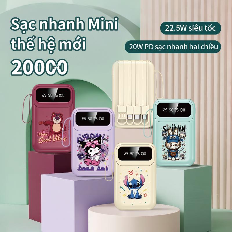 Pin Sạc Dự Phòng Mini 20000mAh - Nhỏ Gọn Tiện Lợi Thiết Kế Hoạt Hình Dễ Thương Hỗ Trợ Sạc Nhanh 22.5W Siêu Tốc 4 Cổng Kèm Dây Sạc Type-C Lightning Android Micro USB