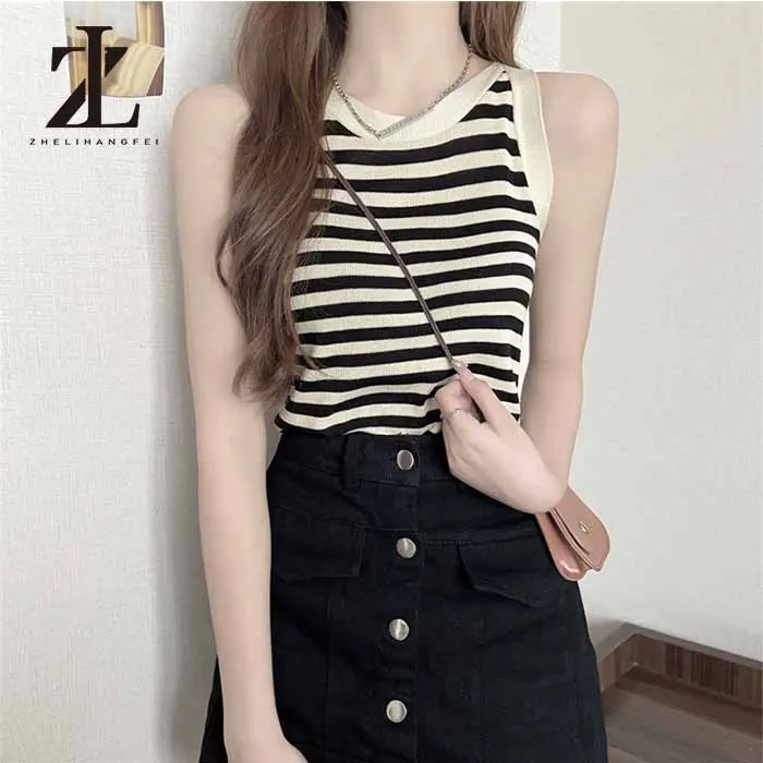 SS24 Áo dệt kim hai dây họa tiết kẻ sọc phong cách cổ điển thời trang mùa hè cho nữ 2