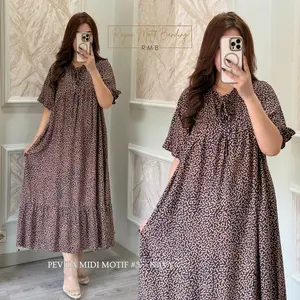 Pevita Midi Dress Rayon By RMB Bahan Katun Rayon Motif Premium Flowy Elegan Resleting Depan Busui Tangan Saku Kanan