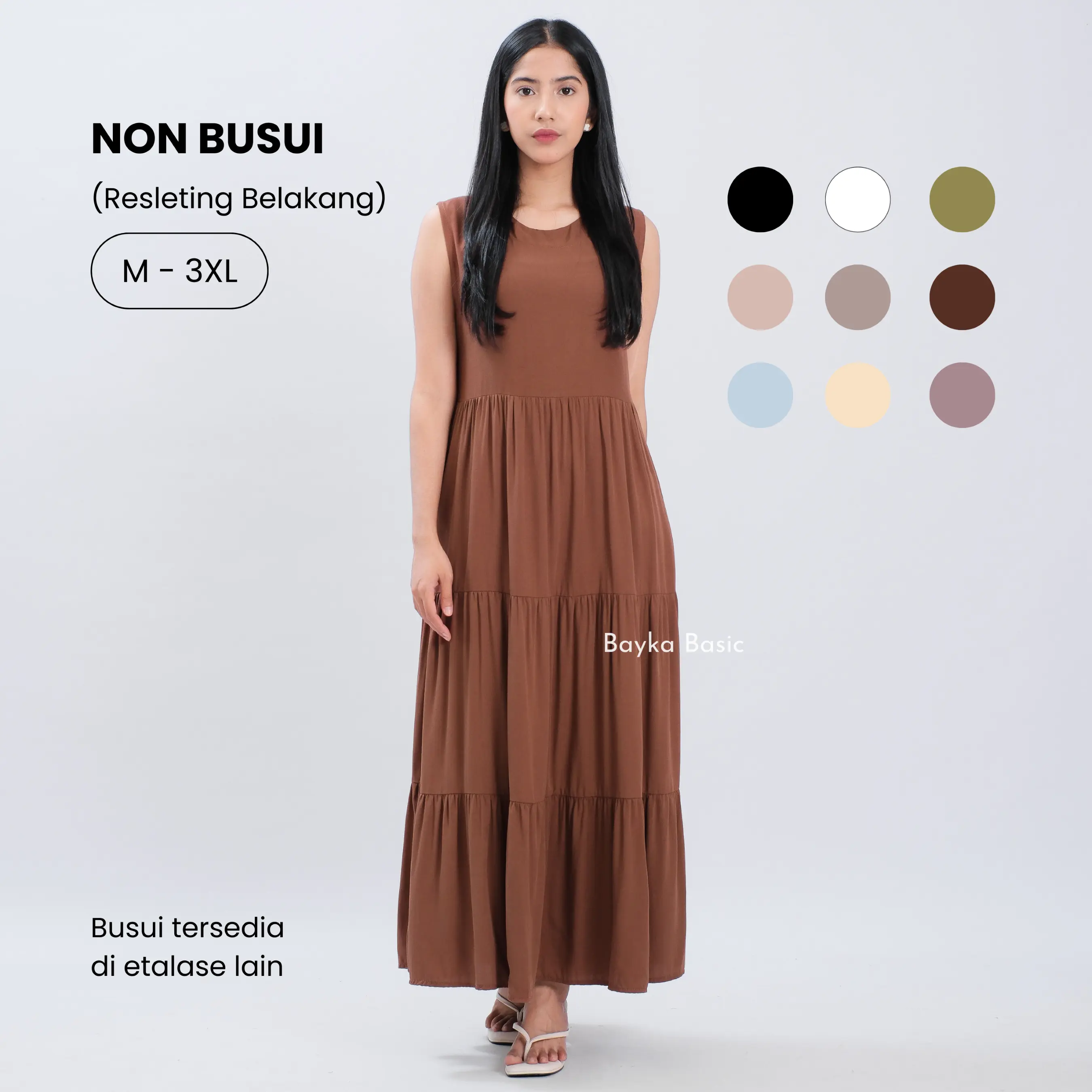 BAYKA - Ruffle Dress Sleeveless - Inner Dress Susun Rempel Kerut Rayon Twill / Dress Polos Wanita Tanpa Lengan / Inner Dress Canda Bawah Lebar Maxi Midi / Gaun Panjang Casual / Dress Pantai Flowy Medium Jumbo Katun Dewasa Remaja