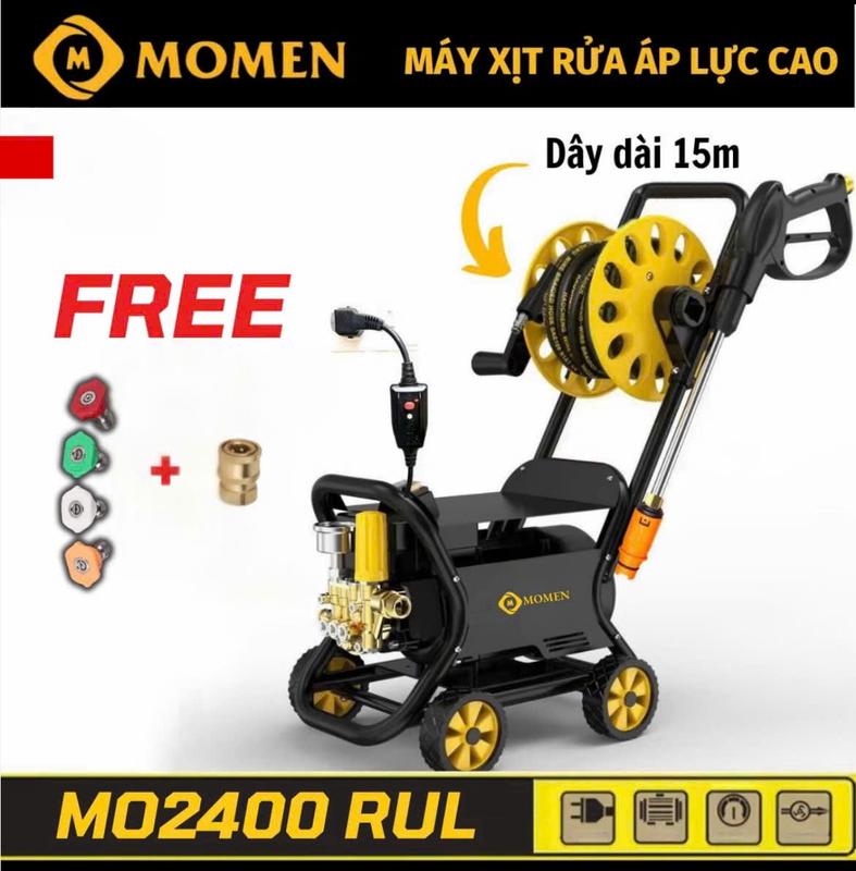  Máy Rửa Xe Bán Công Nghiệp Momen 2400 Siêu Mạnh - Có Rulo Cuốn Dây Và Khung 4 Bánh Xe - Lõi Đồng - Dây Dài 15m +  Bộ 4 Béc Phun Chuyên Dụng 