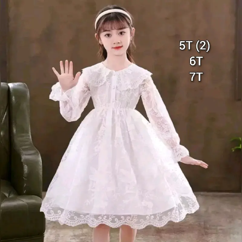 (5-7T) Dress lengan panjang brukat kerah kancing putih 0