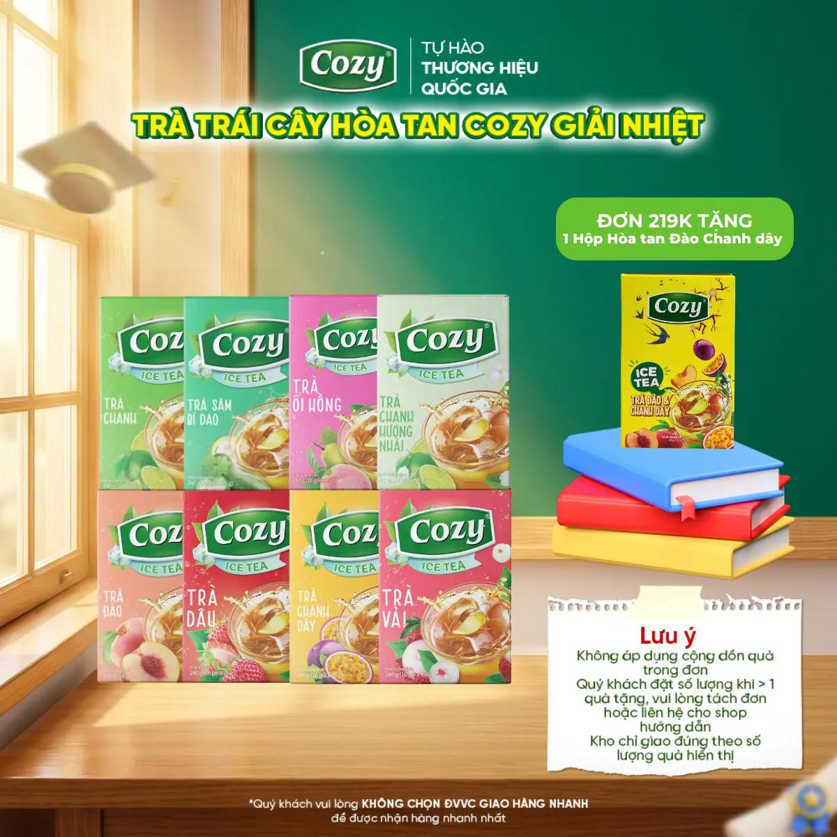 Trà Hòa Tan Cozy Các Vị Trái Cây Cozy Ice Tea, Trà Đào, Trà Chanh, Trà Vải, Trà Dâu, Trà Sâm Bí Đao, Trà Chanh Dây, Trà Ổi Hồng, Trà Chanh Hương Nhài, Trà Gừng, Trà Sữa Matcha Dừa, Trà Sữa Matcha Chuối, Trà Đào Không Đường Giải Khát, Thanh Nhiệt