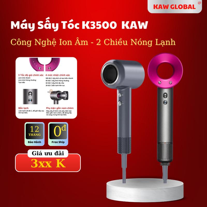  Kaw Máy sấy tóc Tạo Kiểu KAW K3500 Công Nghệ Ion Âm 2 Chiều Nóng Lạnh Màu Xám Hồng Công Suất 2200W Hàng Cao Cấp Tặng Kèm Bộ 5 Đầu Sấy Tạo Kiểu Nam Nữ Women Men  giảm rối 