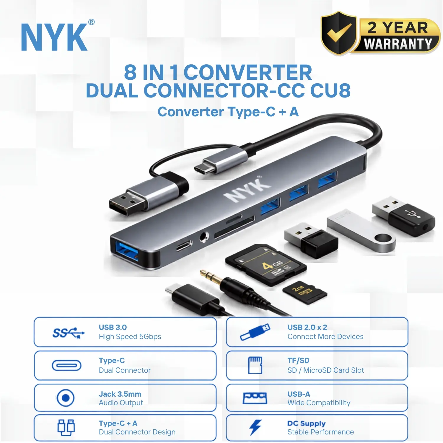 NYK U8 8 in 1 Converter Dual Connector Type-C & USB A High Speed 5Gbps USB 3.0 SD MicroSD Jack 3.5mm Audio Hub