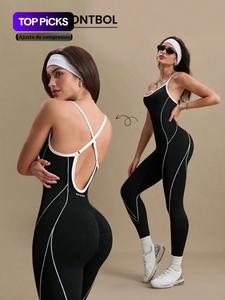 Mono de yoga de bloque de color para mujer con cuello en U y tirantes ajustables, alta elasticidad, deportivo sin mangas, cómodo para todas las estaciones