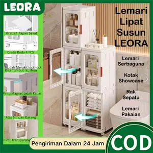 LEORA Lemari Lipat Susun Plastik Serbaguna LEORA Lemari Pakaian Plastik Lemari Portable Dengan Roda Lemari Sudut Rak Sepatu Lemari Toilet Lemari Dapur Furniture Lemari Lemari Pintu Transparan Mika ShowCase Tas Mainan Figure Furniture