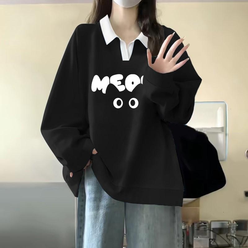 Áo Polo Sweater Unisex Phối Chữ MEOW Form Rộng Áo Dài Tay Nỉ 2da Có Cổ Ulzzang Hàn Quốc Thời Trang Đi Học Đi Chơi