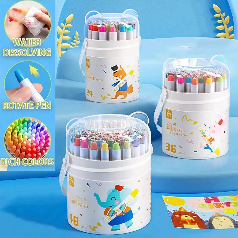 （Free Brush）In Stock Crayon Putar Crayon Washable 36/48 Warna Colorful Bucket Krayon Mewarnai Alat Warna Set Anak Wipe and Clean