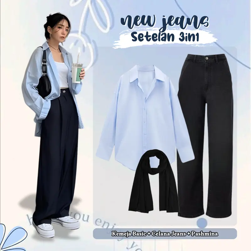 One Set Outfit Remaja - Atasan Kemeja Wanita Kuliah Korean Style, Celana Jeans High Waist Tebal, Jilbab Pashmina Ceruti Anti Letoy LQ008 Baju Biru Basic Panjang 2