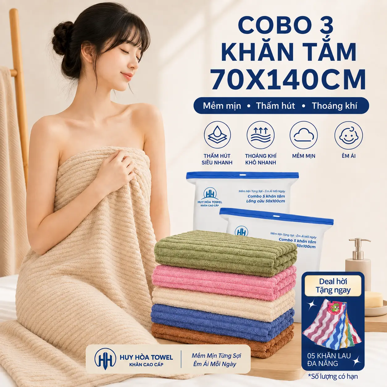 Combo 3 Khăn Tắm Lông Cừu 70x140cm Tặng 5 Khăn Đa Năng Huy Hòa Towel Sợi Microfiber Lông Cừu Mềm Mịn Thấm Hút