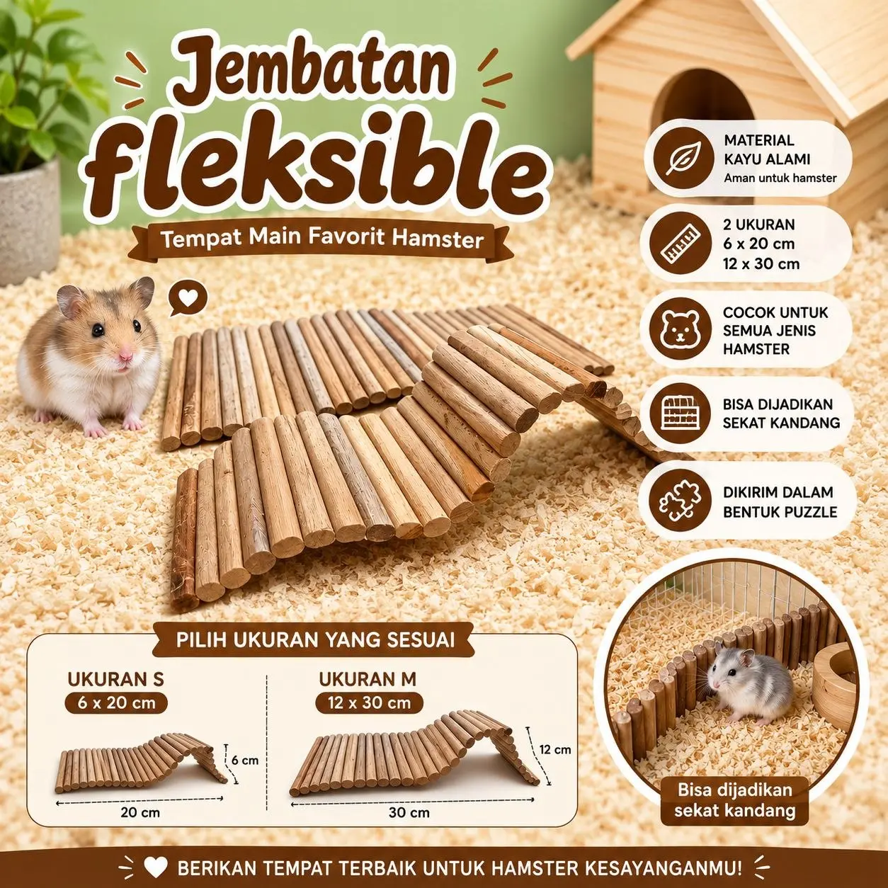A3F Jembatan fleksibel/ pagar kandang fleksibel, jembatan hamster kayu bisa ditekuk