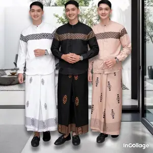 Sarko Sarung Set Baju Koko Muslim Pria Model Kobata Lengan Panjang Bahan Katun Tebal Motif Polos Pakaian Atasan Nyaman Baju Fashion Lebaran Cowok Remaja Dewasa Kerah Leher Tinggi Dada Full Kancing Depan Variasi Warna Warni Hitam Putih Coklat Navy