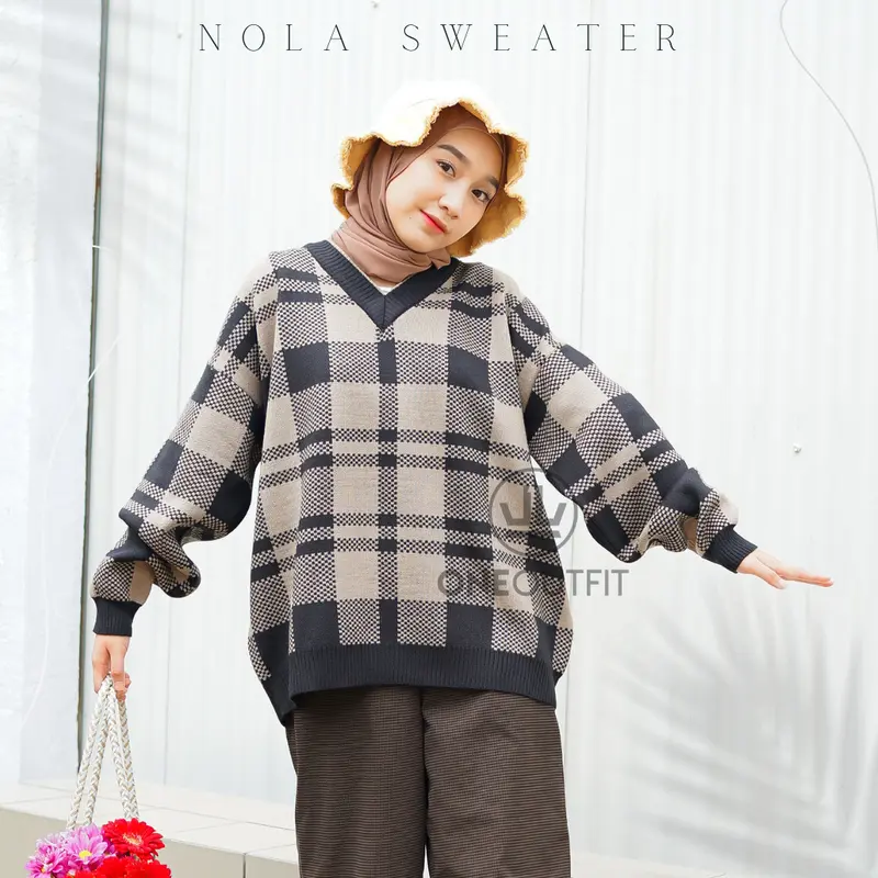 Oneoutfit Sweater Rajut Wanita Premium Terbaru Motif Kotak Nola Oversize Bahan Knit Halus Lembut 4