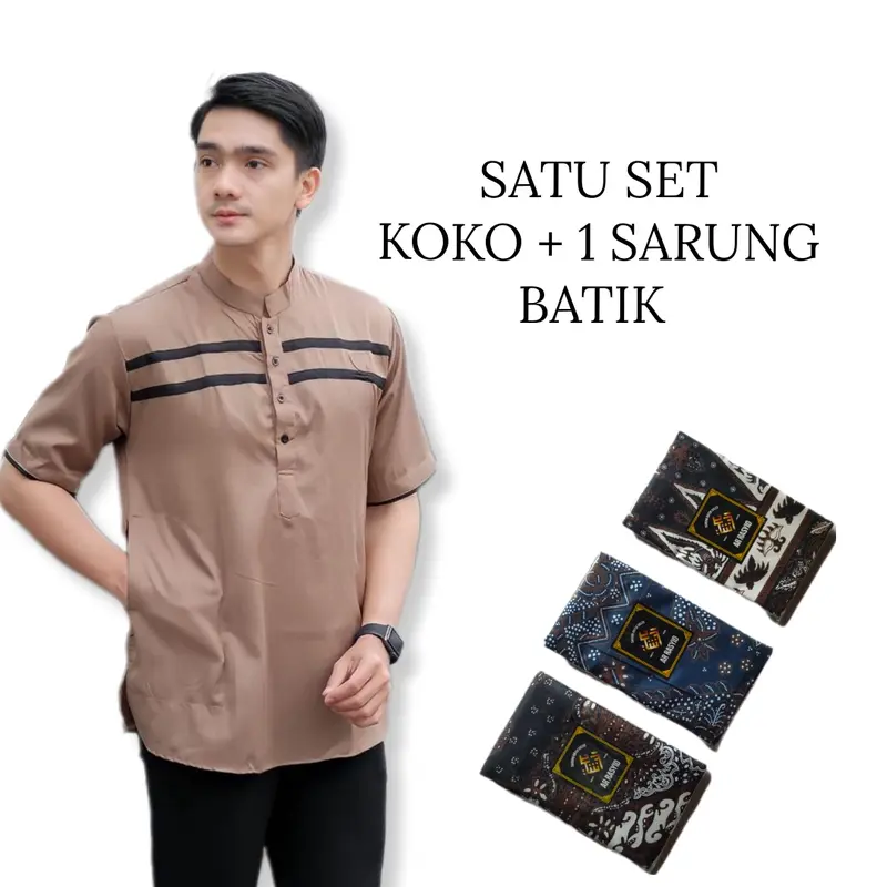 MANGUNA SATU SET BAJU KOKO KURTA LIST 2 DAN SARUNG BATIK DEWASA BAHAN ADEM TEBAL 0